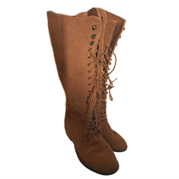 torrid Shoes - Torrid Suede Lace Up Riding Boots In Cognac